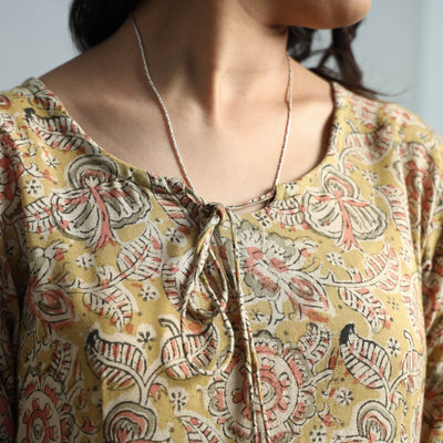 Beige - Kalamkari Block Printed Mul Cotton Flared Gher Dress