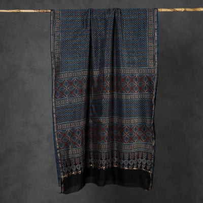 Blue - Ajrakh Block Printing Natural Dyed Chanderi Silk Zari Border Saree