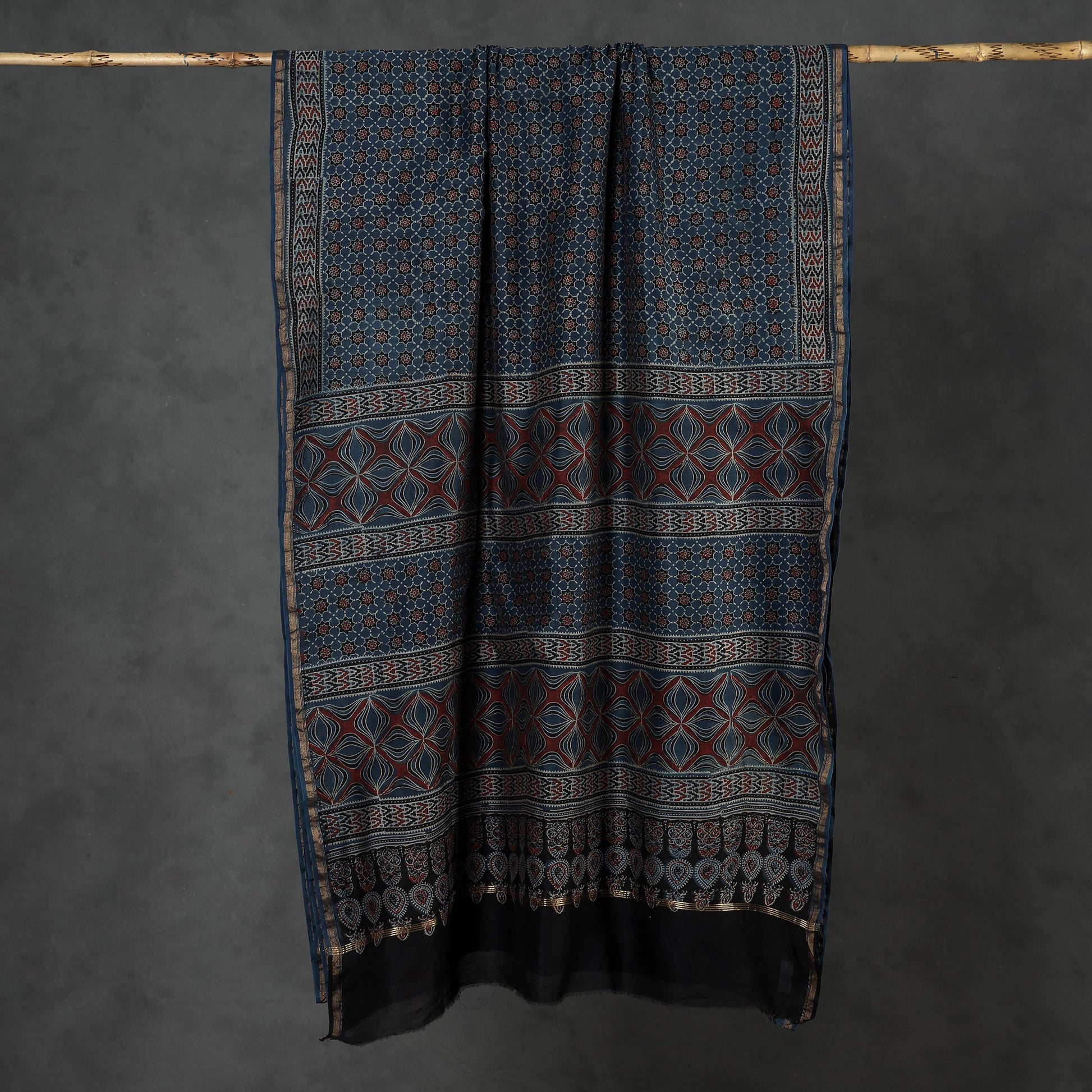 Blue - Ajrakh Block Printing Natural Dyed Chanderi Silk Zari Border Saree