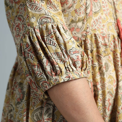 Beige - Kalamkari Block Printed Mul Cotton Flared Gher Dress
