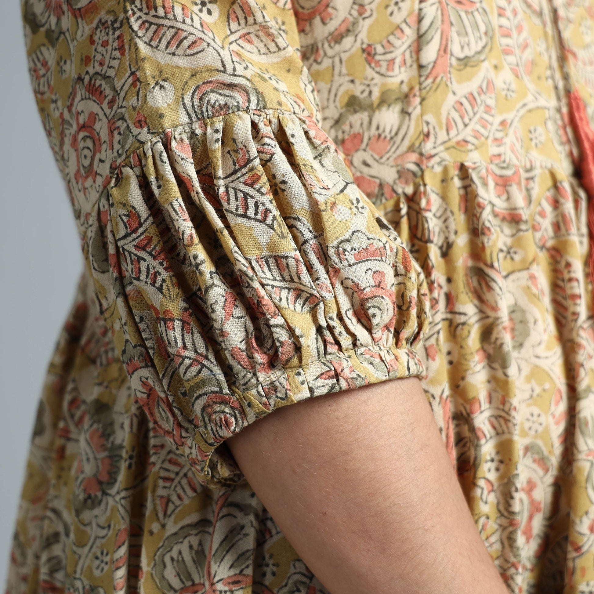 Beige - Kalamkari Block Printed Mul Cotton Flared Gher Dress