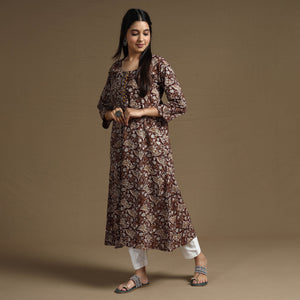 Brown - Bagru Hand Block Printed Cotton A-Line Long Kurta 04