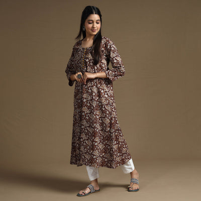 Brown - Bagru Hand Block Printed Cotton A-Line Long Kurta 04