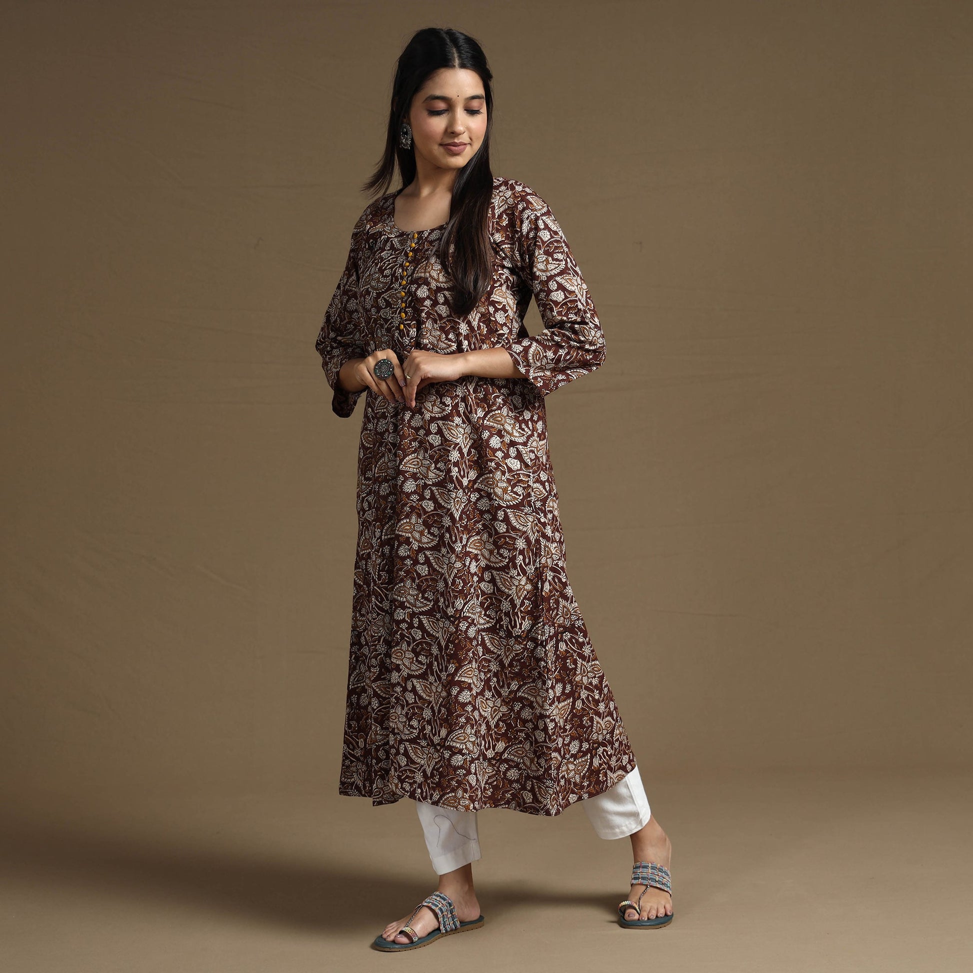 Brown - Bagru Hand Block Printed Cotton A-Line Long Kurta 04