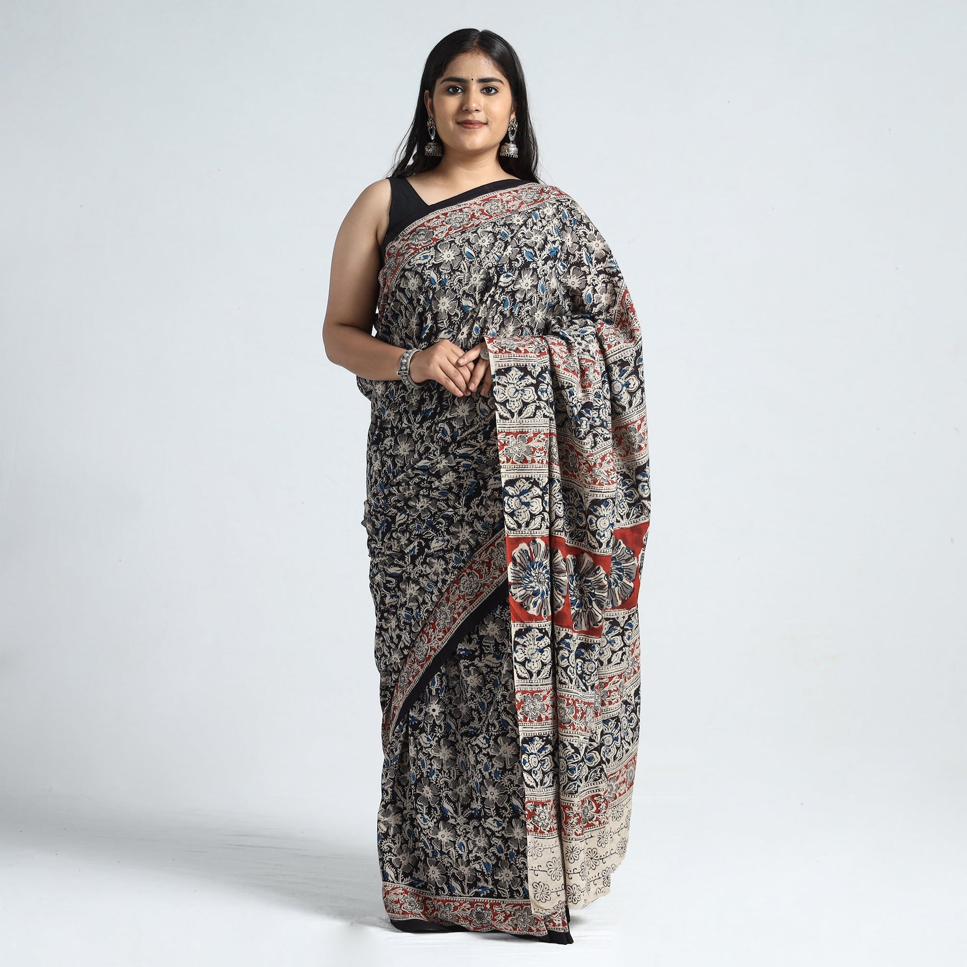 Black - Pedana Block Print Cotton Kalamkari Saree 14
