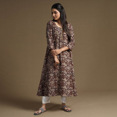Brown - Bagru Hand Block Printed Cotton A-Line Long Kurta 04