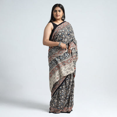 Black - Pedana Block Print Cotton Kalamkari Saree 14
