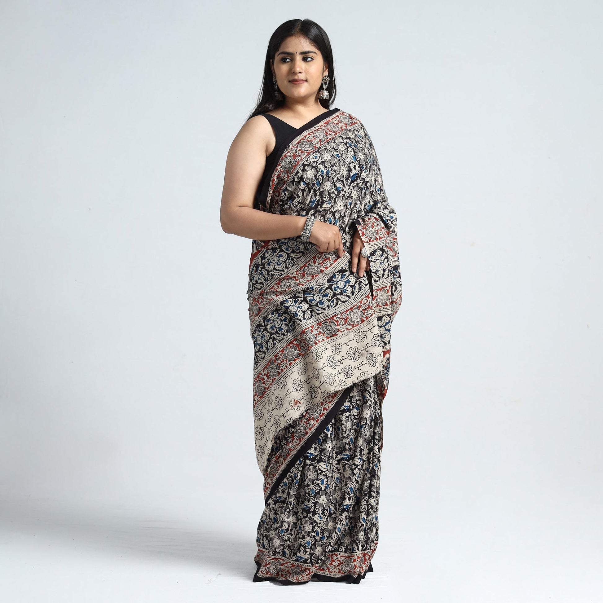 Black - Pedana Block Print Cotton Kalamkari Saree 14