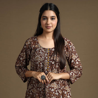 Brown - Bagru Hand Block Printed Cotton A-Line Long Kurta 04