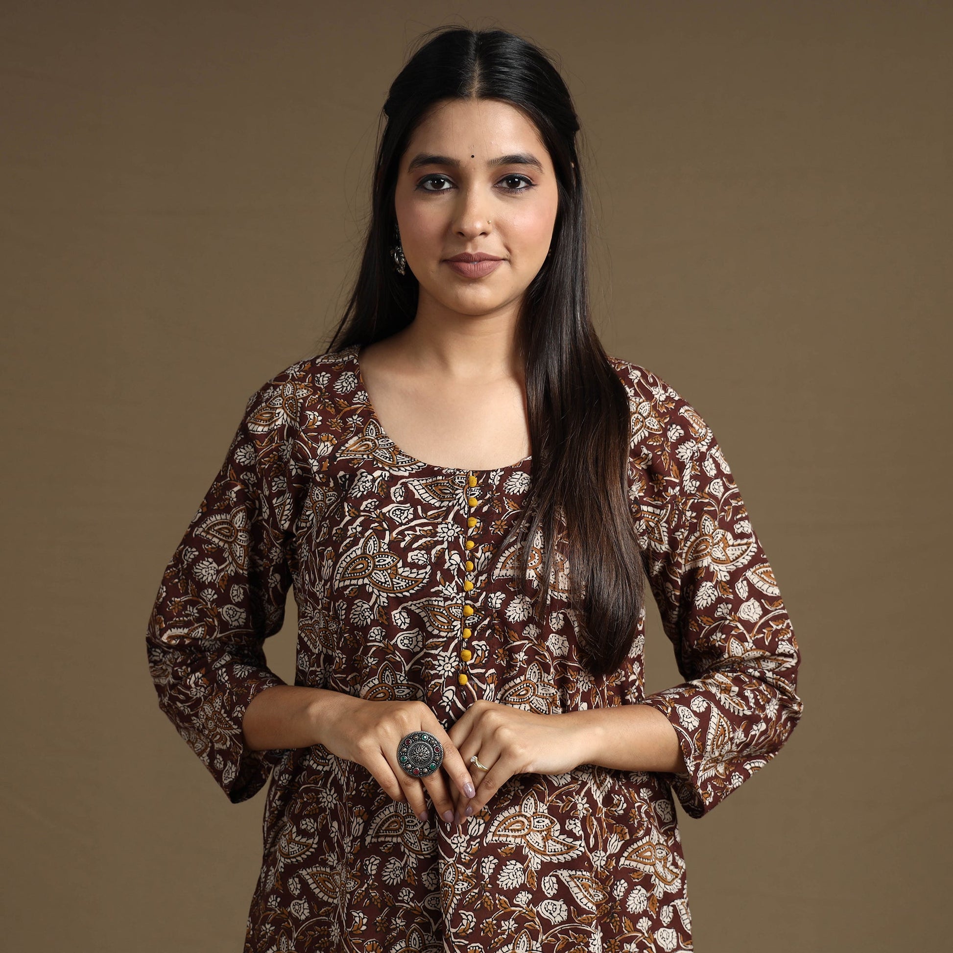 Brown - Bagru Hand Block Printed Cotton A-Line Long Kurta 04