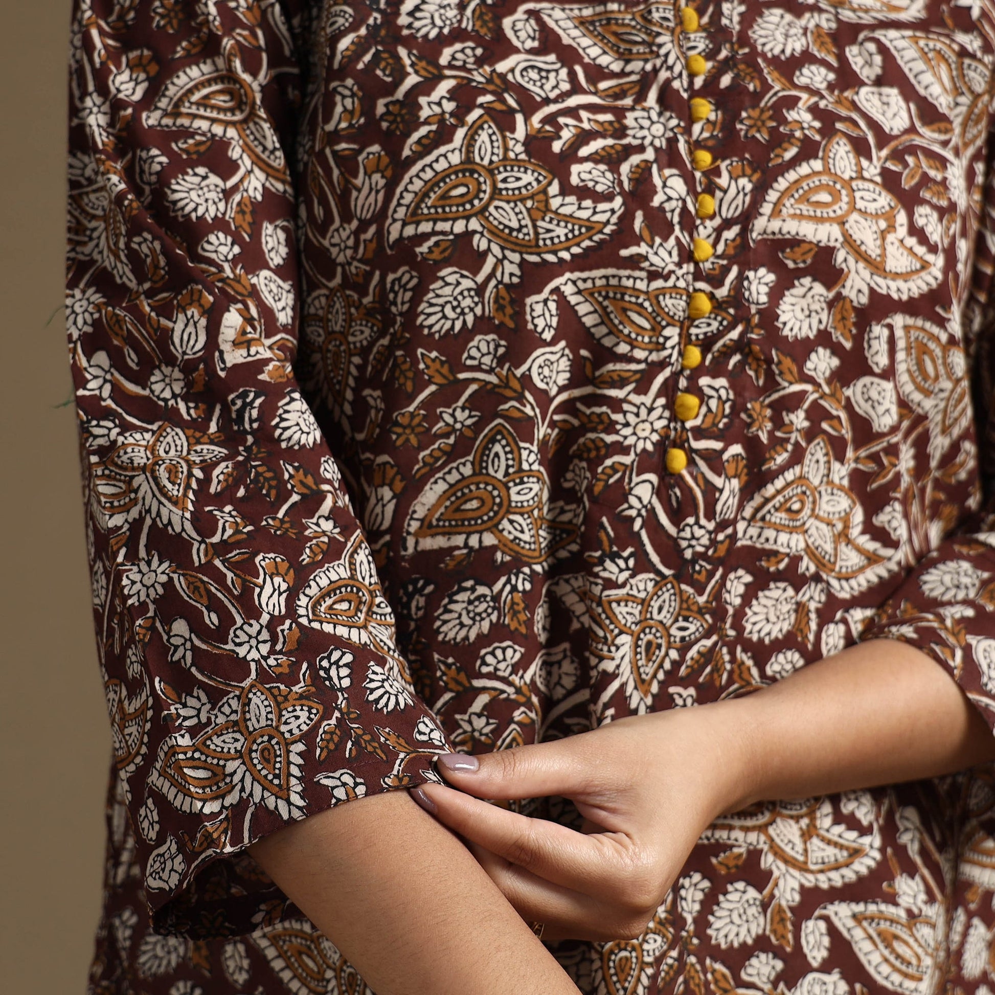 Brown - Bagru Hand Block Printed Cotton A-Line Long Kurta 04