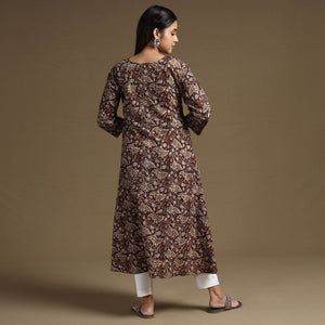 Brown - Bagru Hand Block Printed Cotton A-Line Long Kurta 04