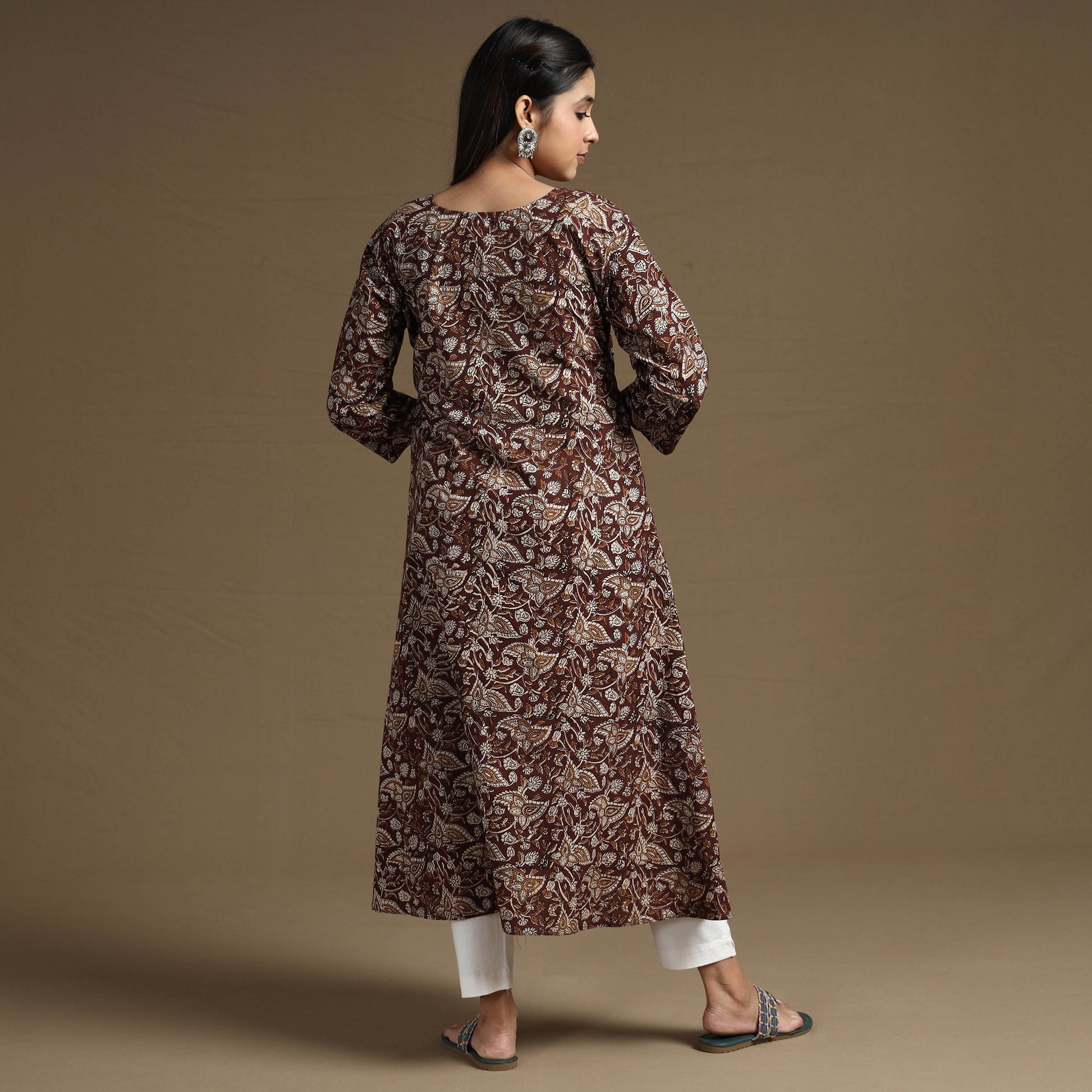 Brown - Bagru Hand Block Printed Cotton A-Line Long Kurta 04