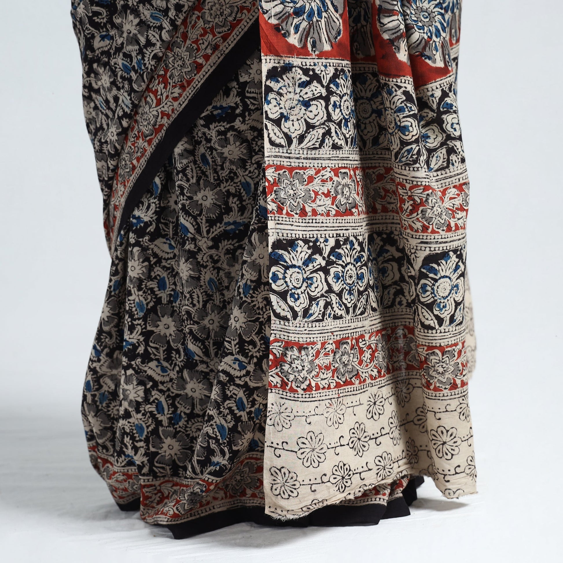 Black - Pedana Block Print Cotton Kalamkari Saree 14