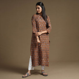 Brown - Bagru Hand Block Printed Cotton Long Straight Kurta