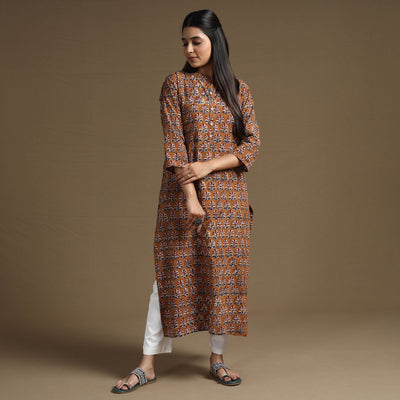 Brown - Bagru Hand Block Printed Cotton Long Straight Kurta