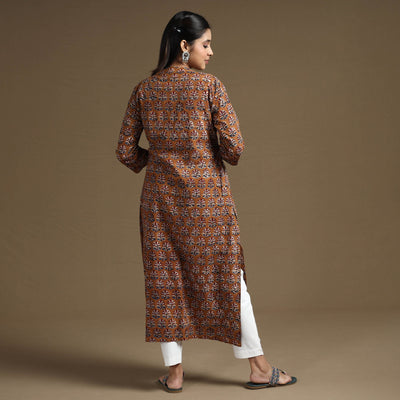 Brown - Bagru Hand Block Printed Cotton Long Straight Kurta