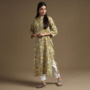 Brown - Bagru Hand Block Printed Cotton Long Straight Kurta