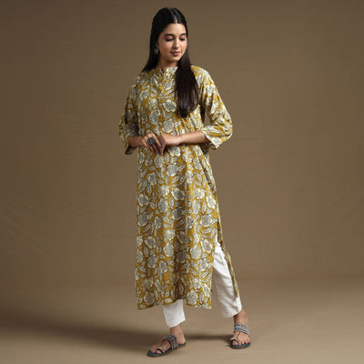 Brown - Bagru Hand Block Printed Cotton Long Straight Kurta