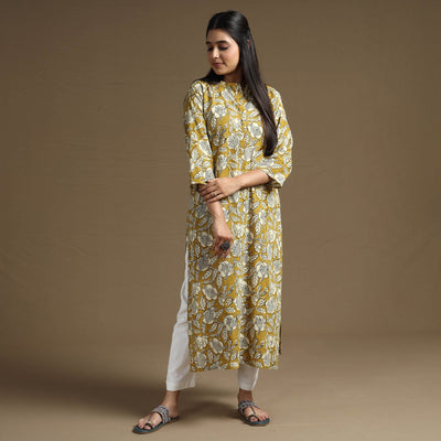 Brown - Bagru Hand Block Printed Cotton Long Straight Kurta