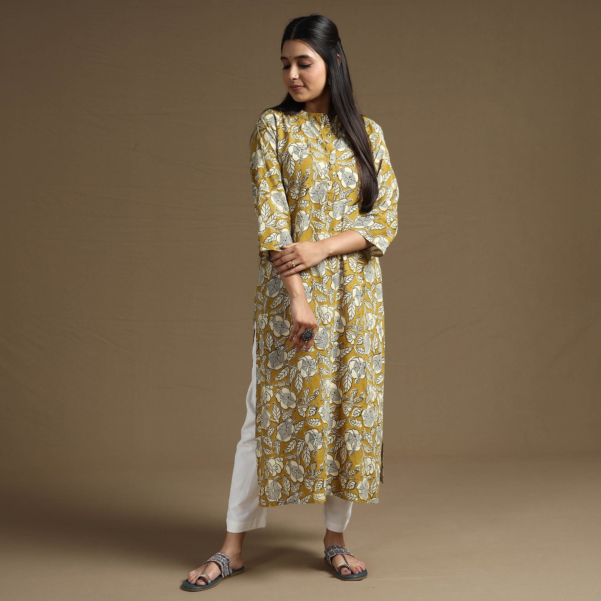 Brown - Bagru Hand Block Printed Cotton Long Straight Kurta