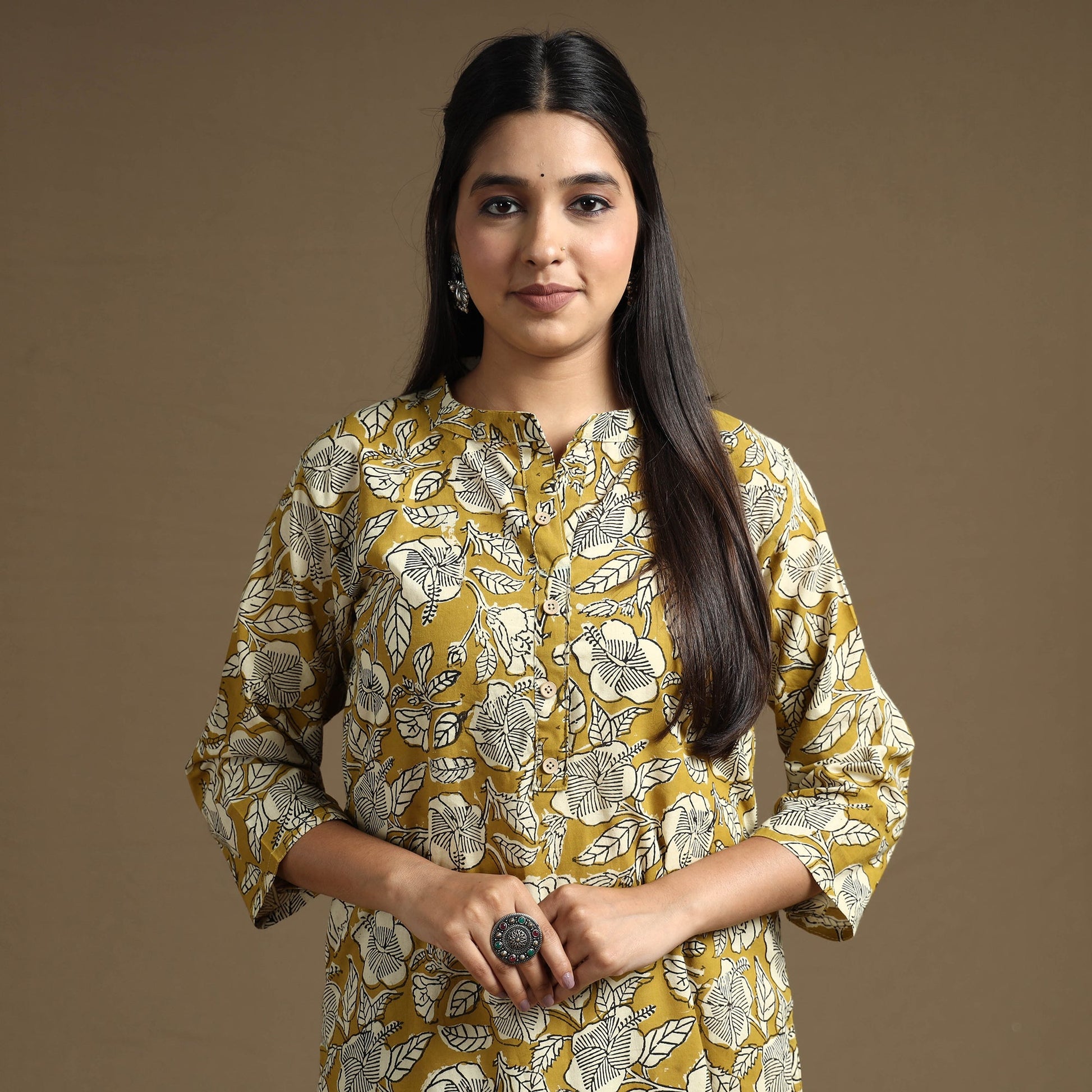 Brown - Bagru Hand Block Printed Cotton Long Straight Kurta
