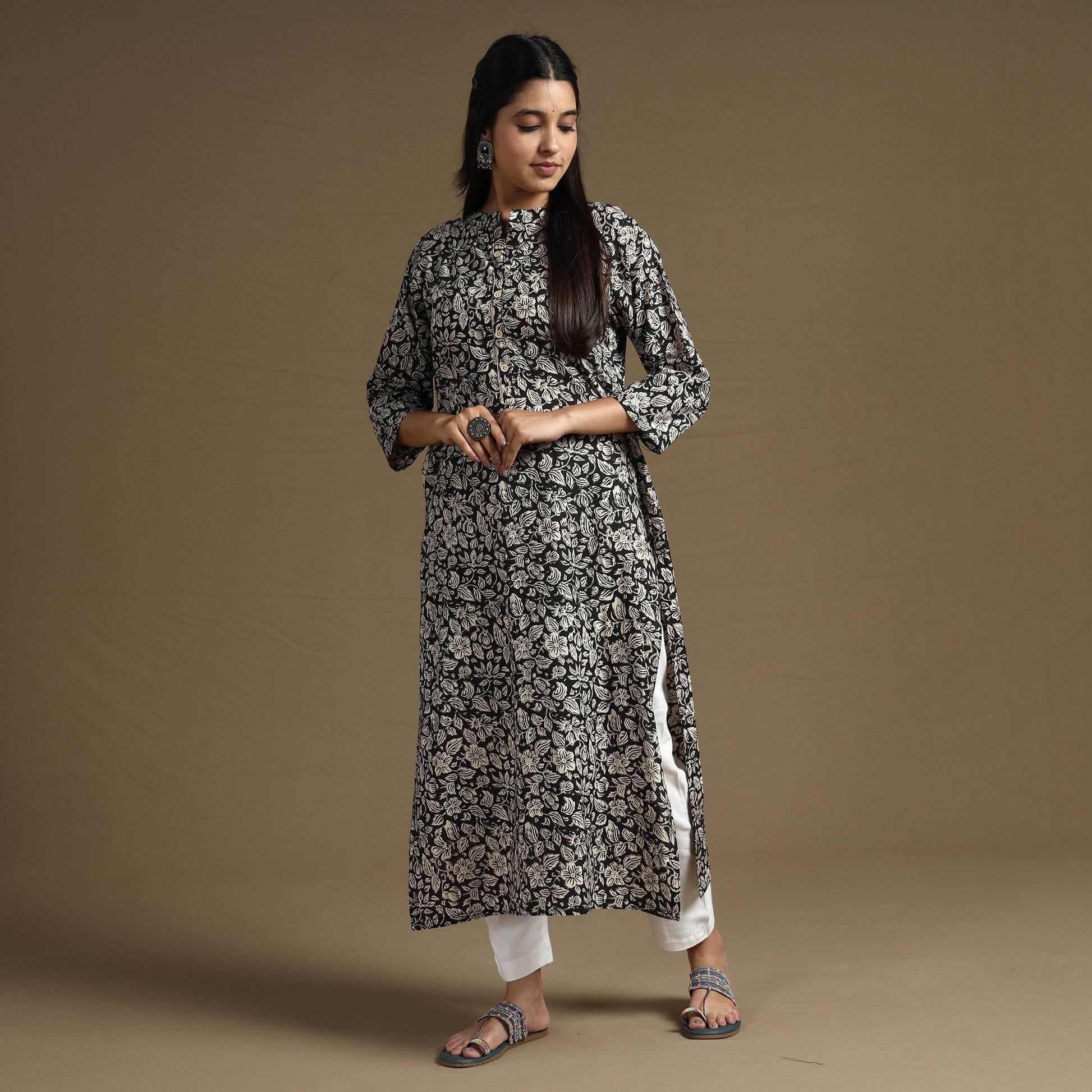 Black - Bagru Hand Block Printed Cotton Long Kurta