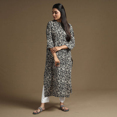 Black - Bagru Hand Block Printed Cotton Long Kurta