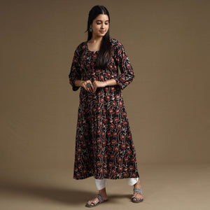 Black - Bagru Hand Block Printed Cotton A-Line Long Kurta