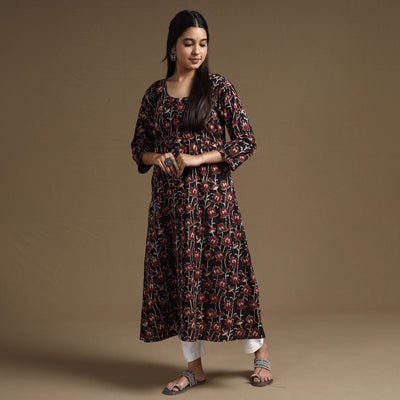 Black - Bagru Hand Block Printed Cotton A-Line Long Kurta