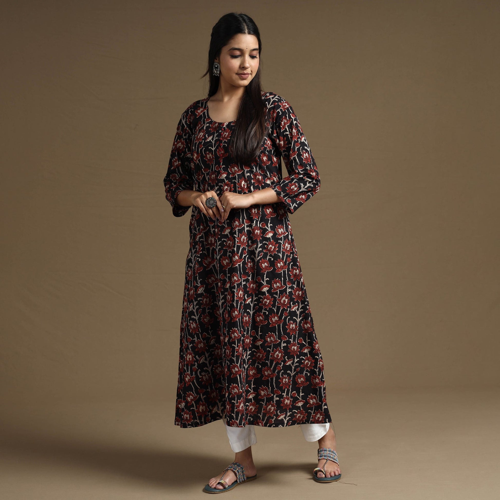 Black - Bagru Hand Block Printed Cotton A-Line Long Kurta