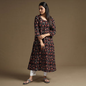 Black - Bagru Hand Block Printed Cotton A-Line Long Kurta