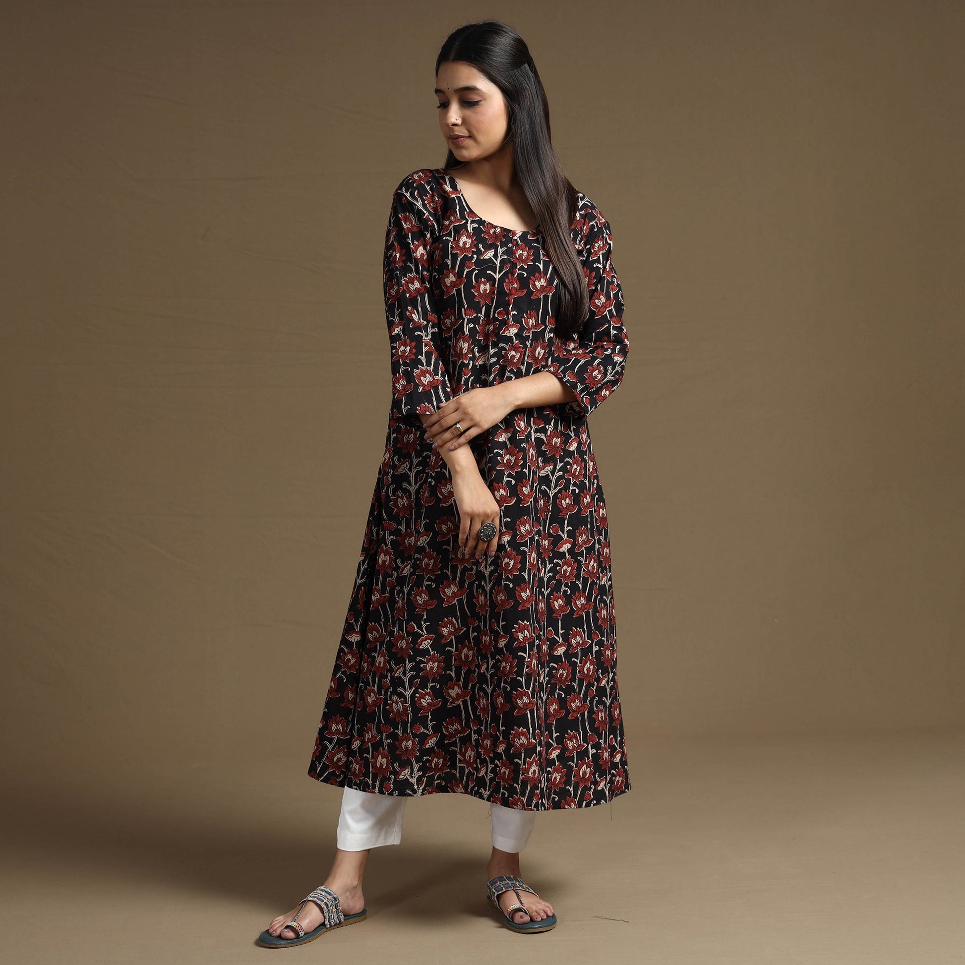 Black - Bagru Hand Block Printed Cotton A-Line Long Kurta