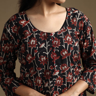 Black - Bagru Hand Block Printed Cotton A-Line Long Kurta