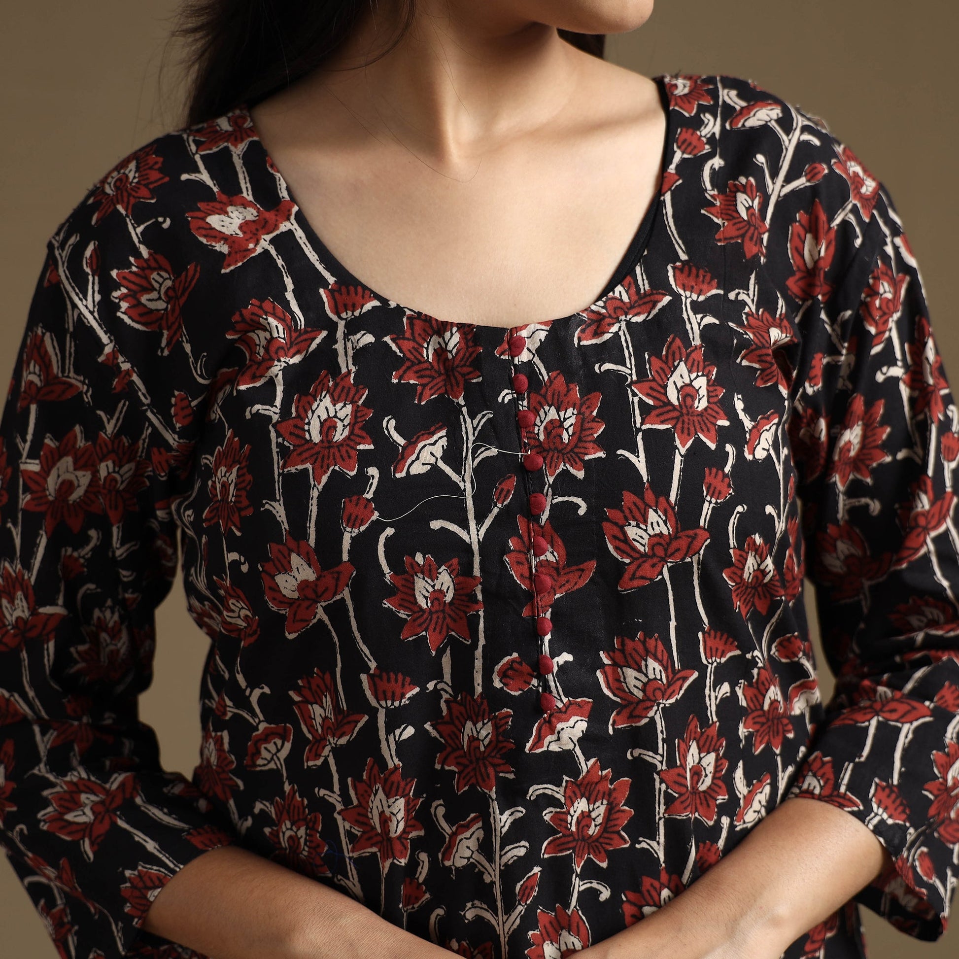 Black - Bagru Hand Block Printed Cotton A-Line Long Kurta