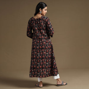Black - Bagru Hand Block Printed Cotton A-Line Long Kurta