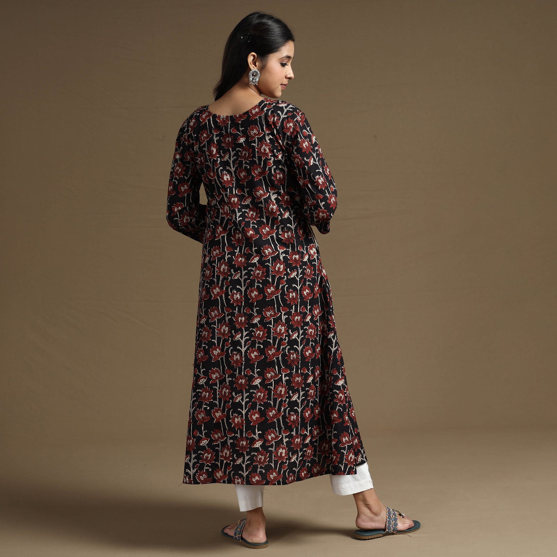 Black - Bagru Hand Block Printed Cotton A-Line Long Kurta