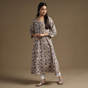 Beige - Bagru Hand Block Printed Cotton A-Line Long Kurta 01
