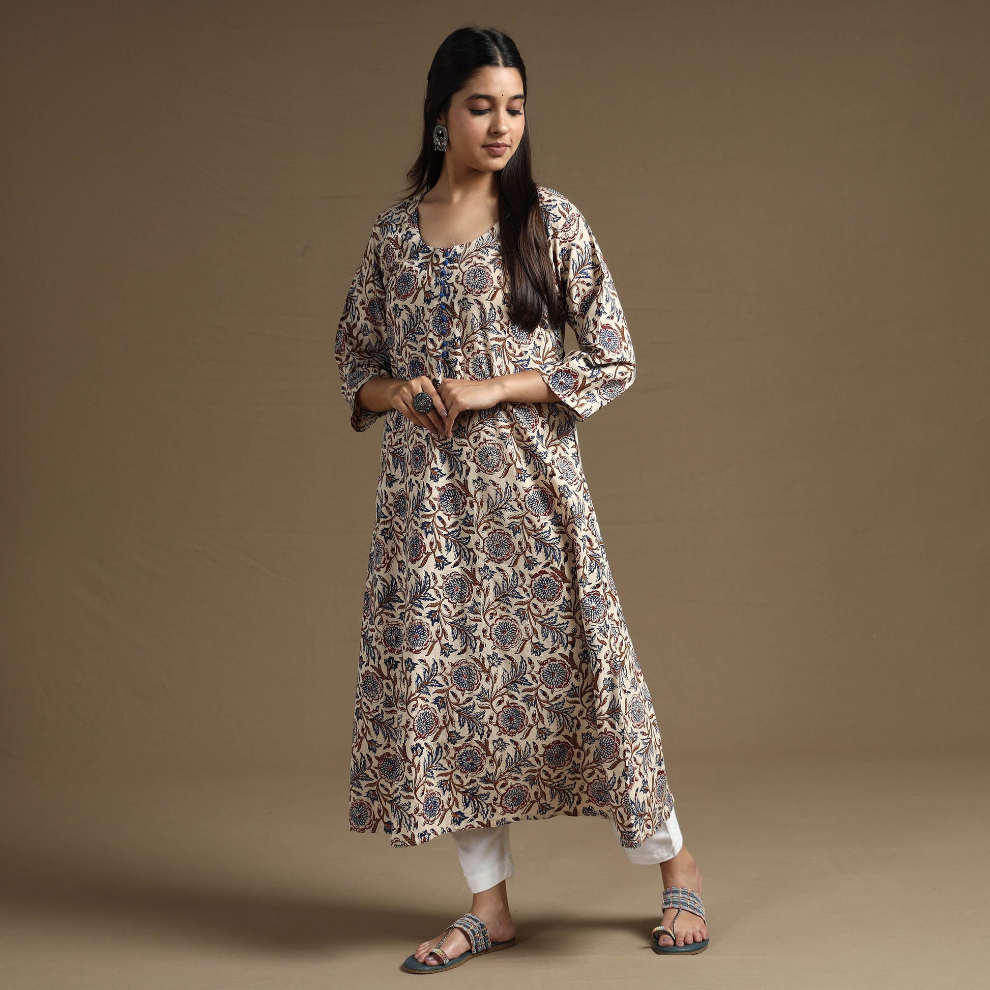 Beige - Bagru Hand Block Printed Cotton A-Line Long Kurta 01