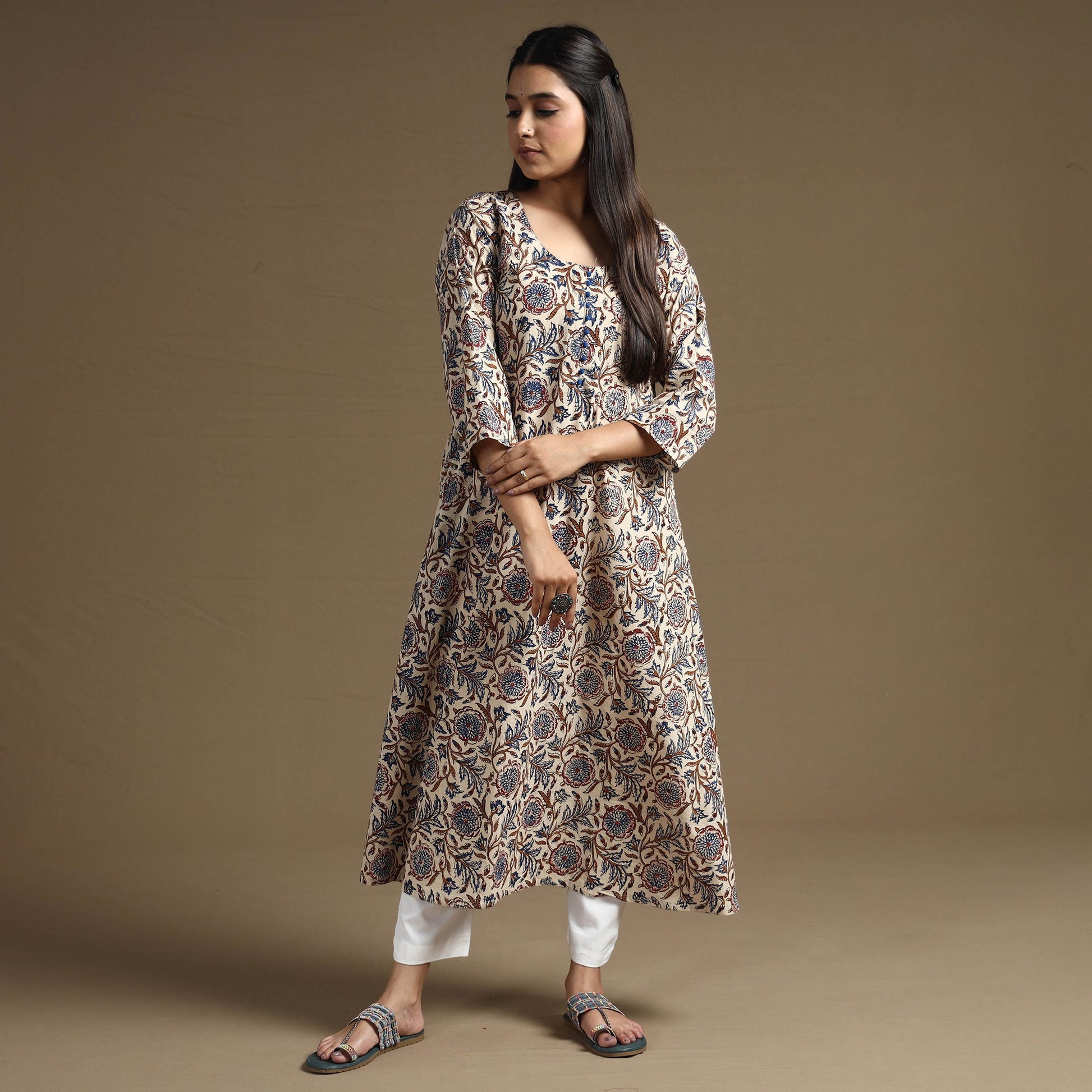 Beige - Bagru Hand Block Printed Cotton A-Line Long Kurta 01