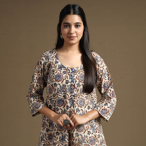 Beige - Bagru Hand Block Printed Cotton A-Line Long Kurta 01
