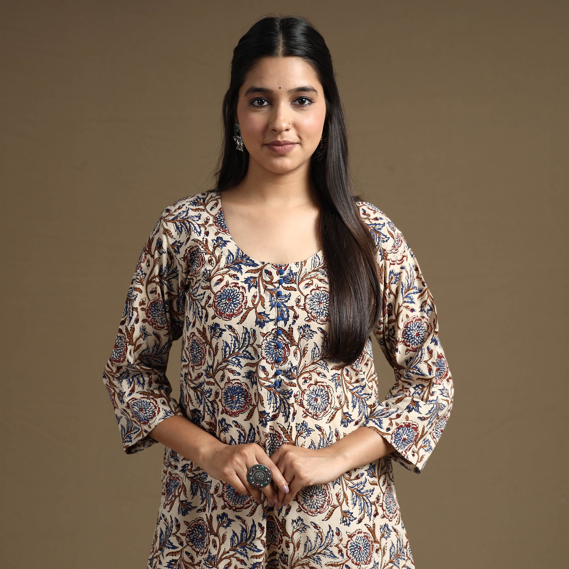 Beige - Bagru Hand Block Printed Cotton A-Line Long Kurta 01
