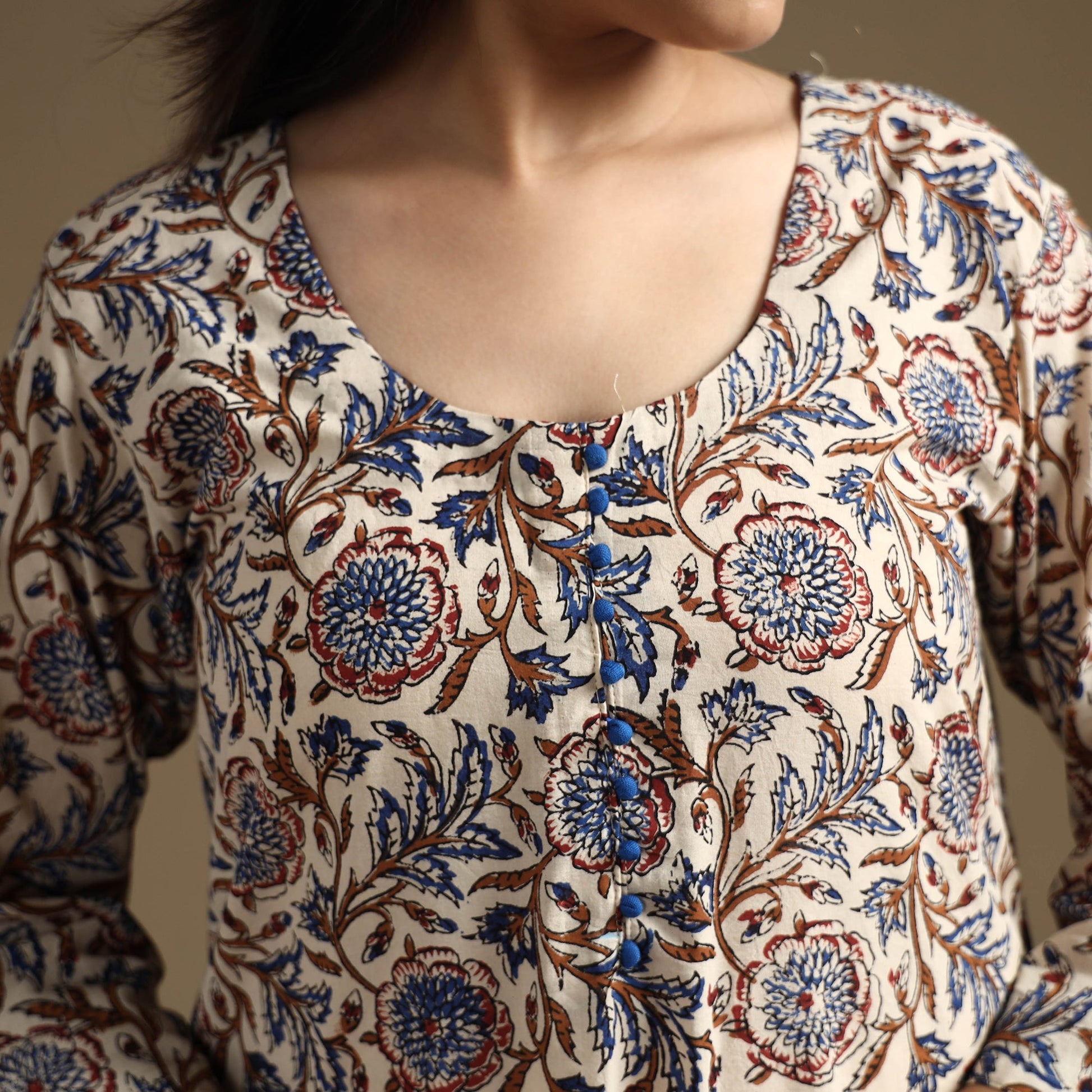 Beige - Bagru Hand Block Printed Cotton A-Line Long Kurta 01