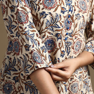 Beige - Bagru Hand Block Printed Cotton A-Line Long Kurta 01