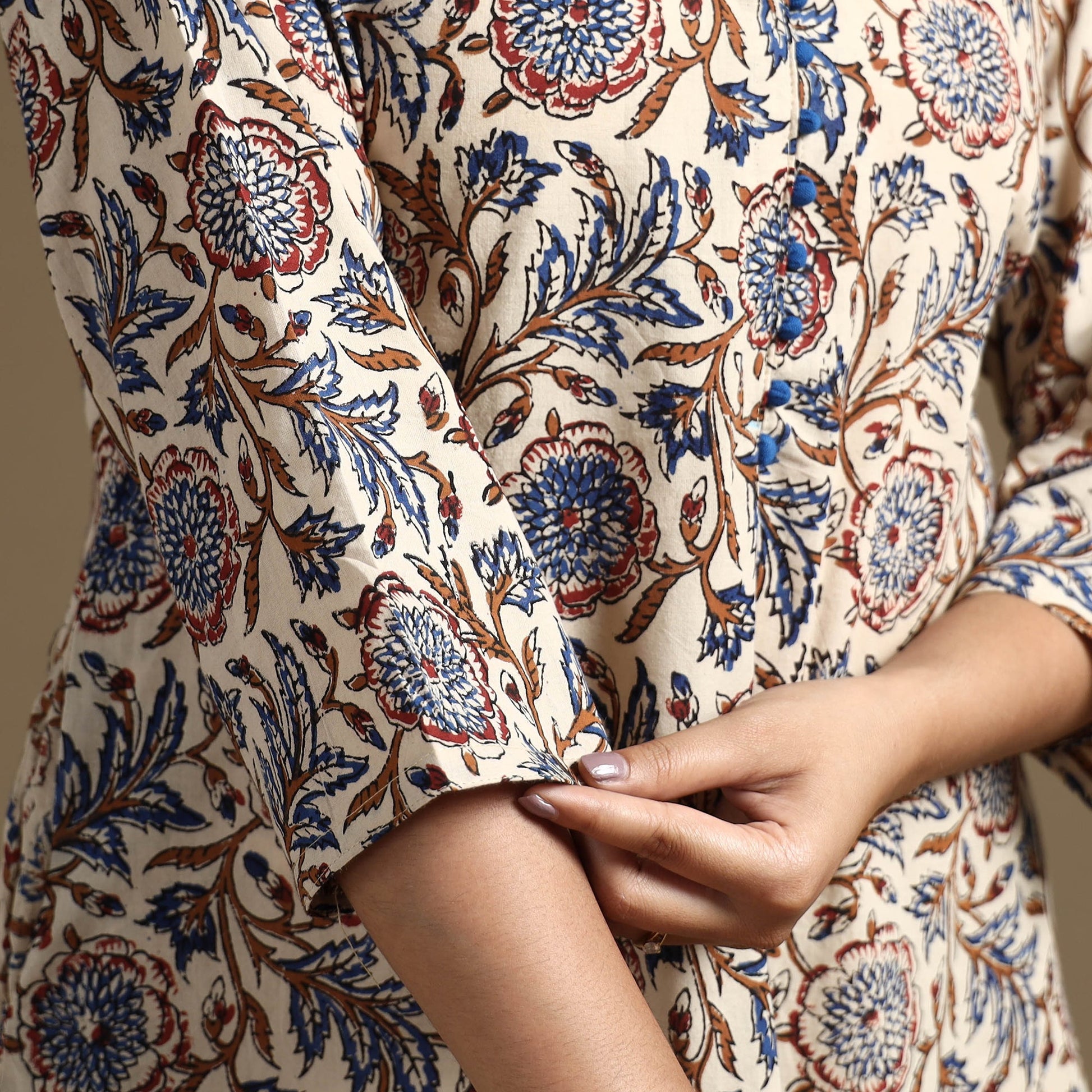 Beige - Bagru Hand Block Printed Cotton A-Line Long Kurta 01