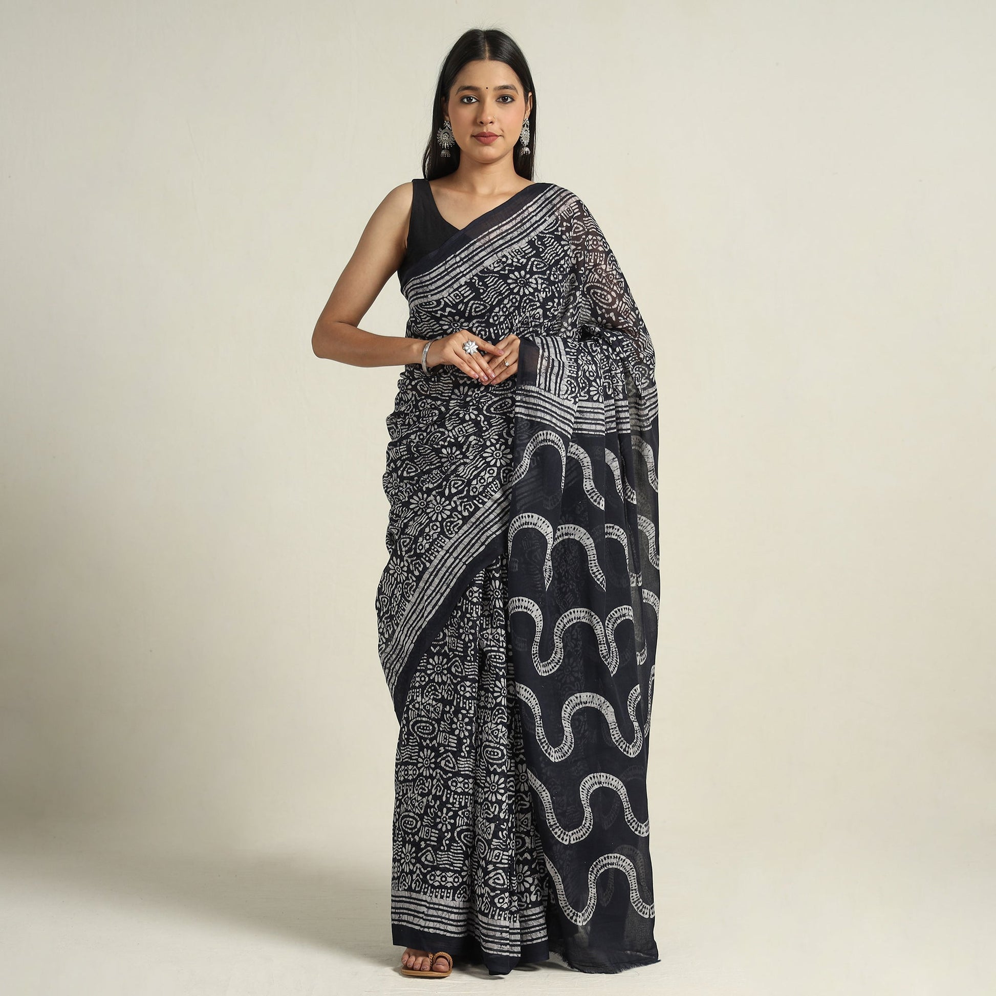 Black - Mul Cotton Hand Batik Print Saree