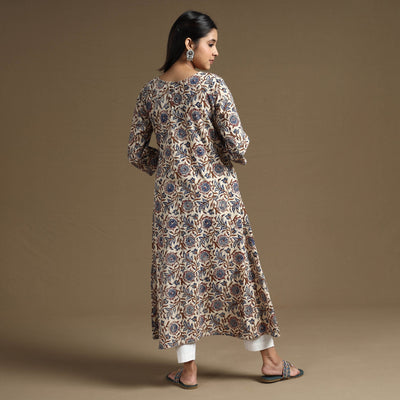 Beige - Bagru Hand Block Printed Cotton A-Line Long Kurta 01