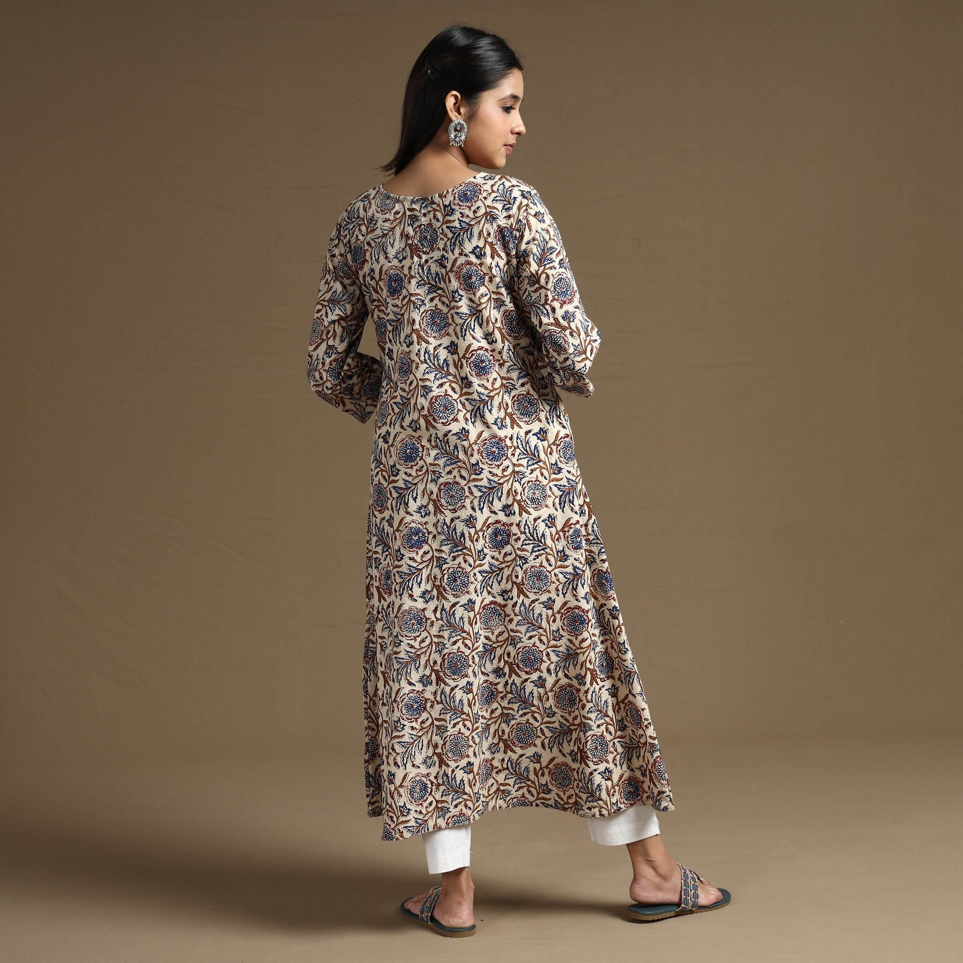 Beige - Bagru Hand Block Printed Cotton A-Line Long Kurta 01
