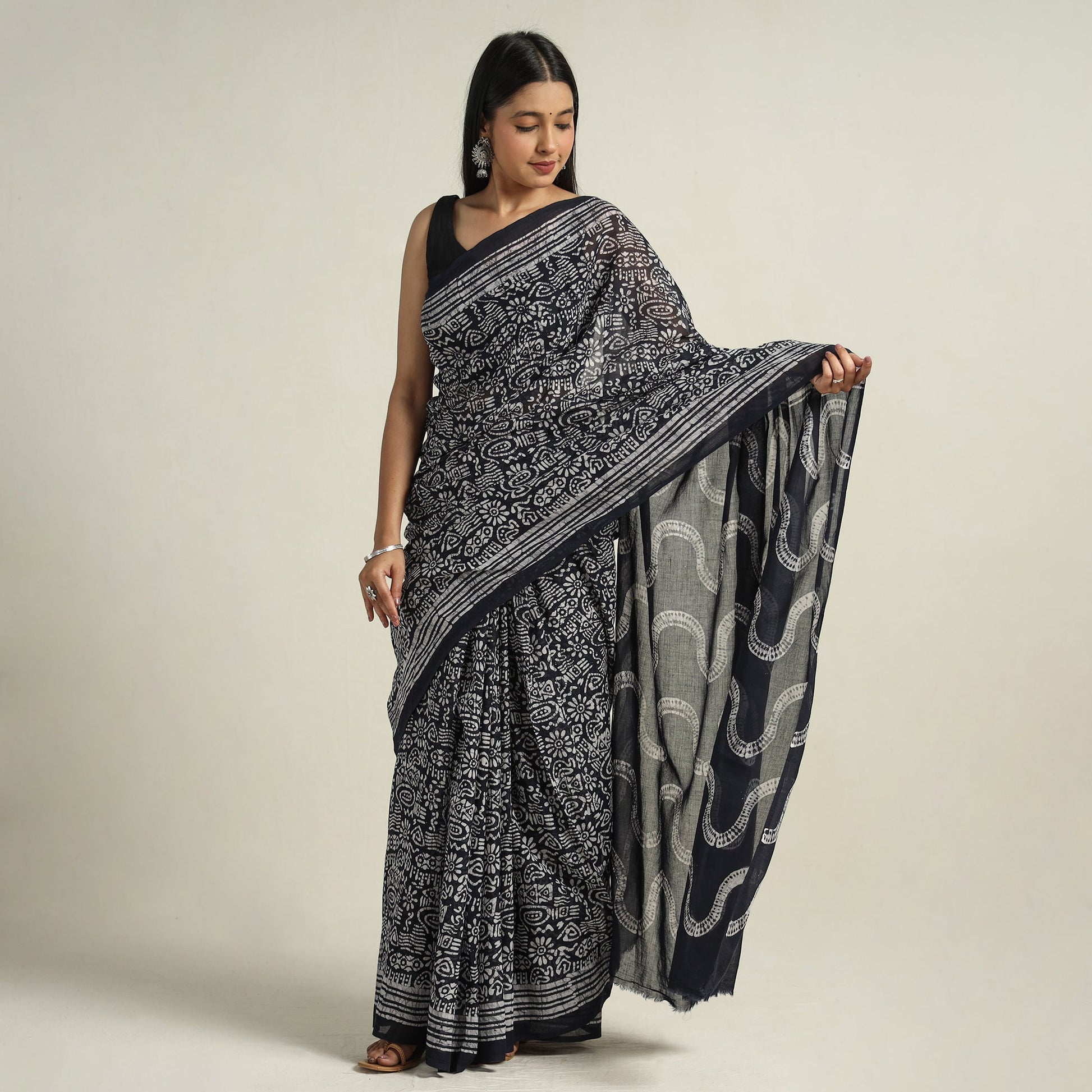 Black - Mul Cotton Hand Batik Print Saree