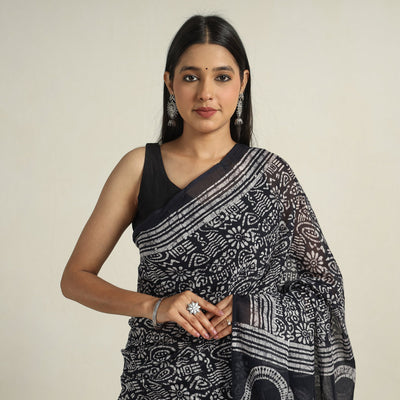 Black - Mul Cotton Hand Batik Print Saree